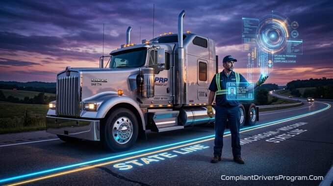 A truck driver holding a glowing CDL card at a digital state border crossing, symbolizing a license transfer.