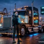 A professional driver holding a holographic ELDT exemption certificate in front of a futuristic semi-truck.
