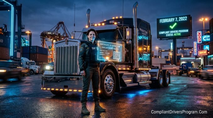 A professional driver holding a holographic ELDT exemption certificate in front of a futuristic semi-truck.