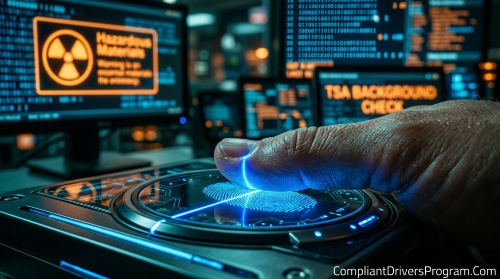 A high-tech TSA background check simulation for a hazardous materials (Hazmat) endorsement transfer.
