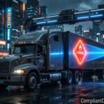 A futuristic semi-truck being scanned by a digital laser, revealing a glowing Class 3 Hazmat placard on the trailer side.