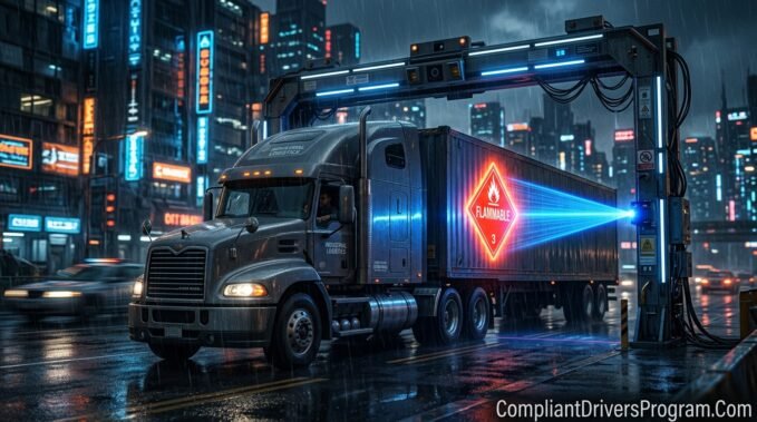 A futuristic semi-truck being scanned by a digital laser, revealing a glowing Class 3 Hazmat placard on the trailer side.