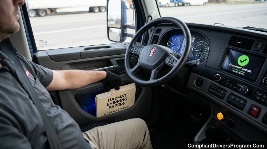 A POV shot of a truck driver’s hand reaching for shipping papers stored correctly in the door pocket.