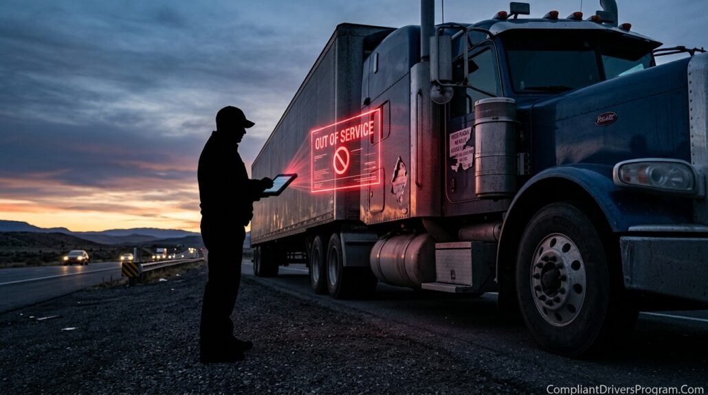 A roadside inspection scene with a digital "OUT OF SERVICE" tag appearing over a truck for a placard violation.