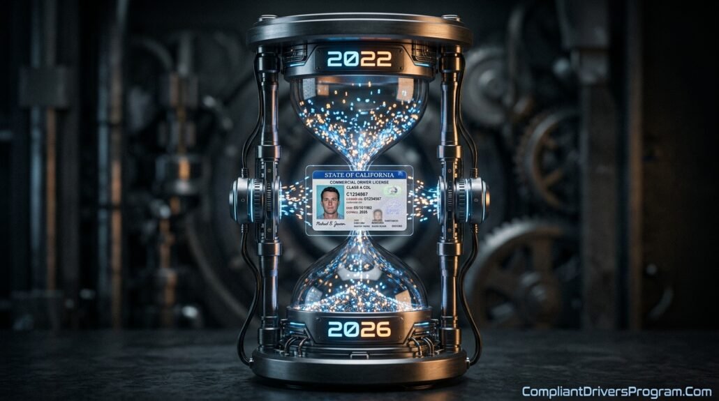 A stylized hourglass with a CDL license inside, showing the transition from 2022 to 2026.