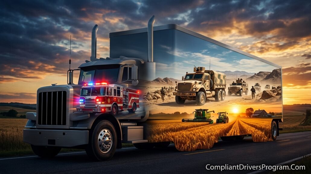 A surreal double-exposure image showing a farmer, a soldier, and a firefighter blended into a semi-truck silhouette.