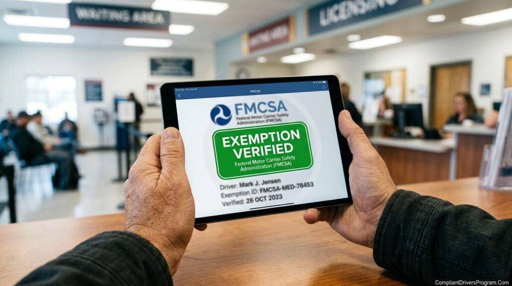 A hand pressing a digital "Verified" button on a tablet to check CDL exemption status.
