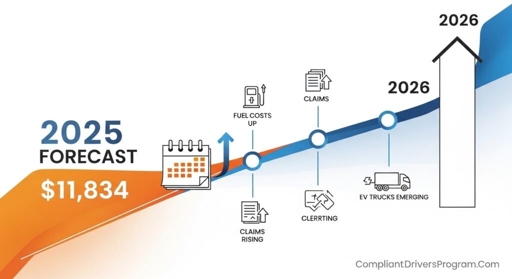 Timeline showing projected changes in California truck insurance rates from 2025's $11,834 into 2026