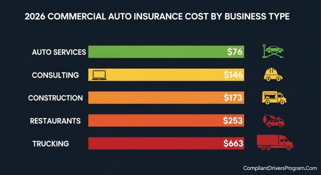 Horizontal bar chart showing monthly commercial auto insurance costs by business type ranging from $76 for auto services to $663 for trucking in 2026
