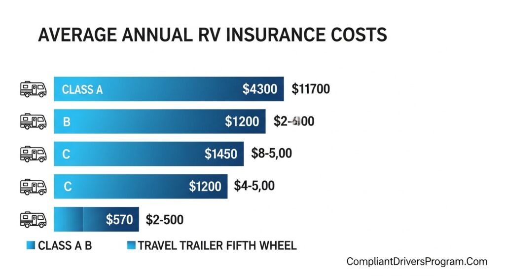 Average RV insurance costs per year Class A B C motorhome trailer fifth wheel 2026