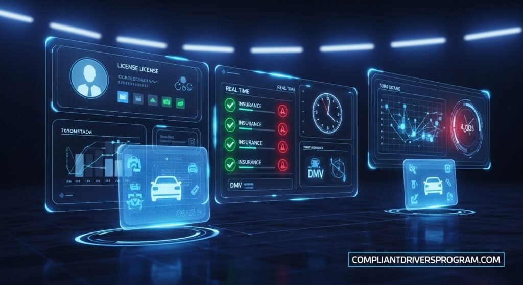 Futuristic digital dashboard showing real-time insurance and license status monitoring system used by states in 2026