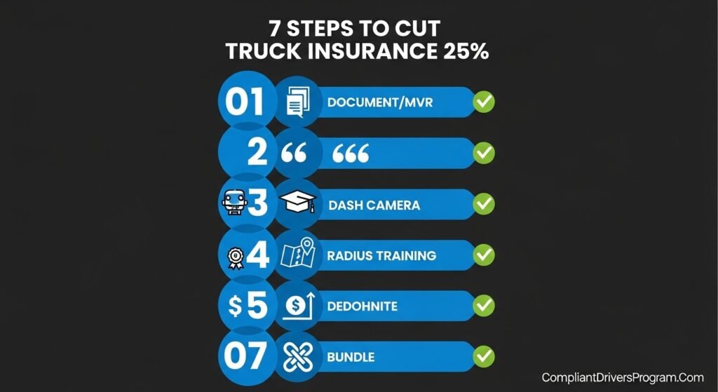 7 steps to lower commercial truck insurance cost infographic showing MVR check quotes dash cams training radius deductible and bundling icons