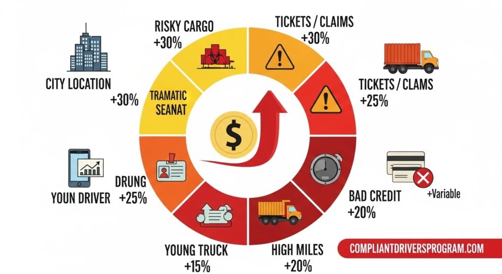 Circular wheel infographic showing eight factors that increase box truck insurance premiums in 2026 with percentage impacts including location cargo violations age and credit by CompliantDriversProgram.Com