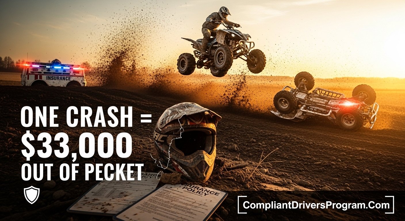 ATV rider jumping over terrain with crashed quad and insurance documents showing expensive accident costs