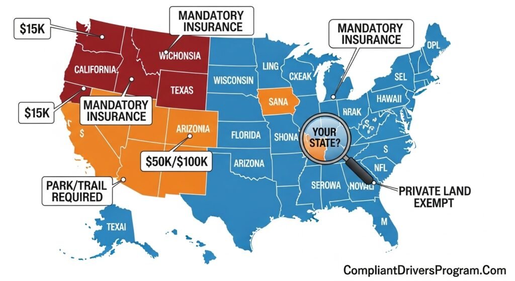 United States map showing ATV insurance requirements by state with mandatory coverage states highlighted