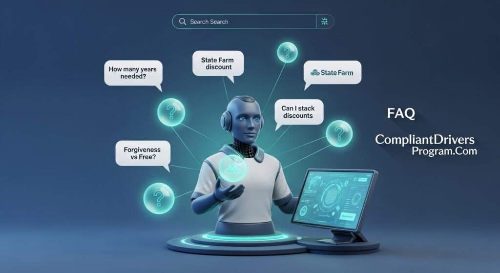 FAQ section visual with AI assistant answering common accident free discount questions