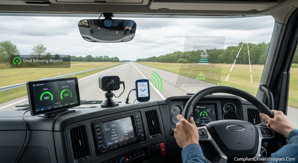 Modern truck cab interior showing telematics display driver-facing camera and AI safety coaching technology for behavior based safety programs