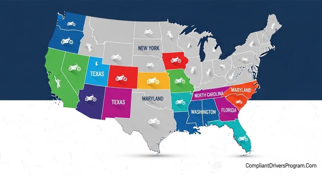 USA map highlighting California Texas New York and other key states for motorcycle insurance comparison