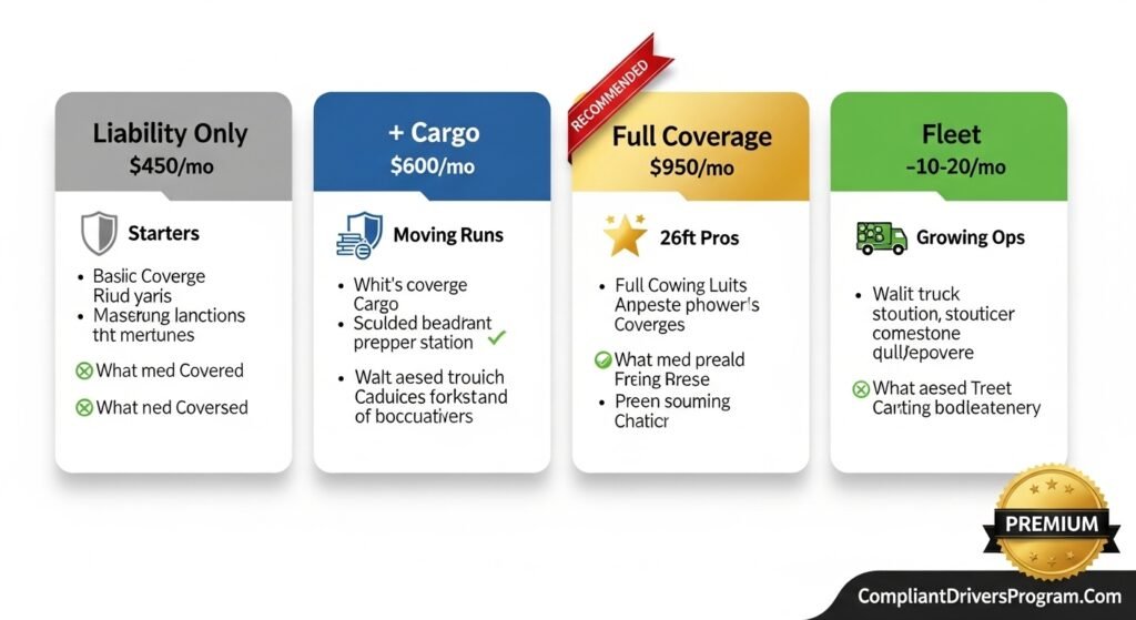 Four column comparison chart showing box truck insurance coverage tiers from liability only to fleet with monthly costs features and recommendations by CompliantDriversProgram.Com