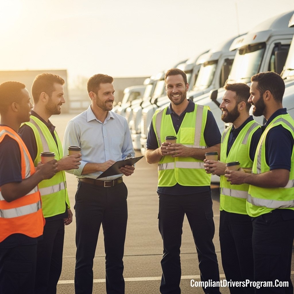 Diverse group of truck drivers and fleet manager at morning safety meeting building safety culture