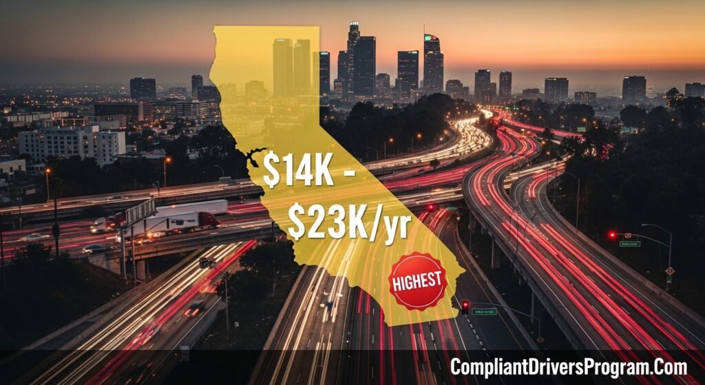 California commercial truck insurance cost showing Los Angeles highway interchange with semi trucks and state outline displaying 14K to 23K yearly rate