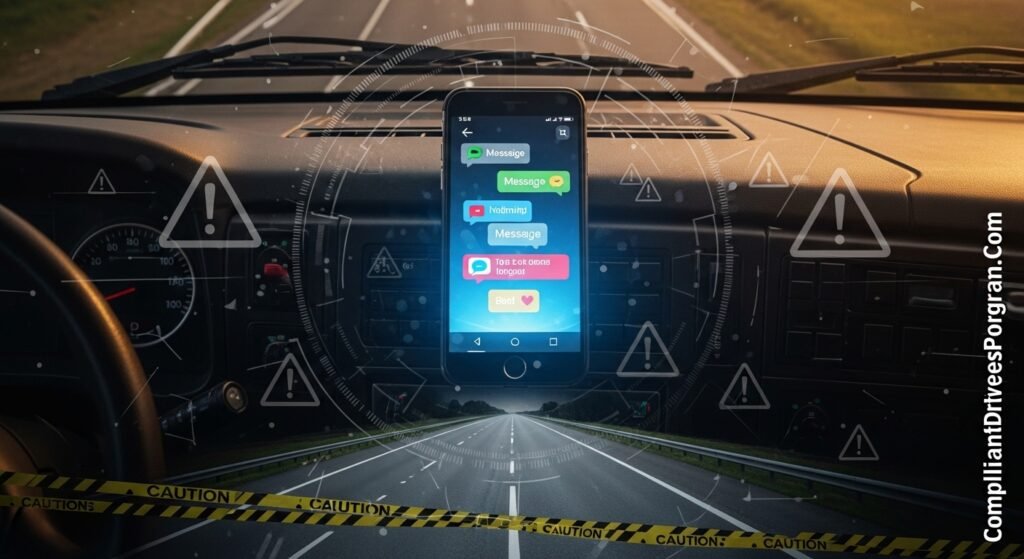Smartphone with text message notifications on truck dashboard showing cell phone use trucking hazard