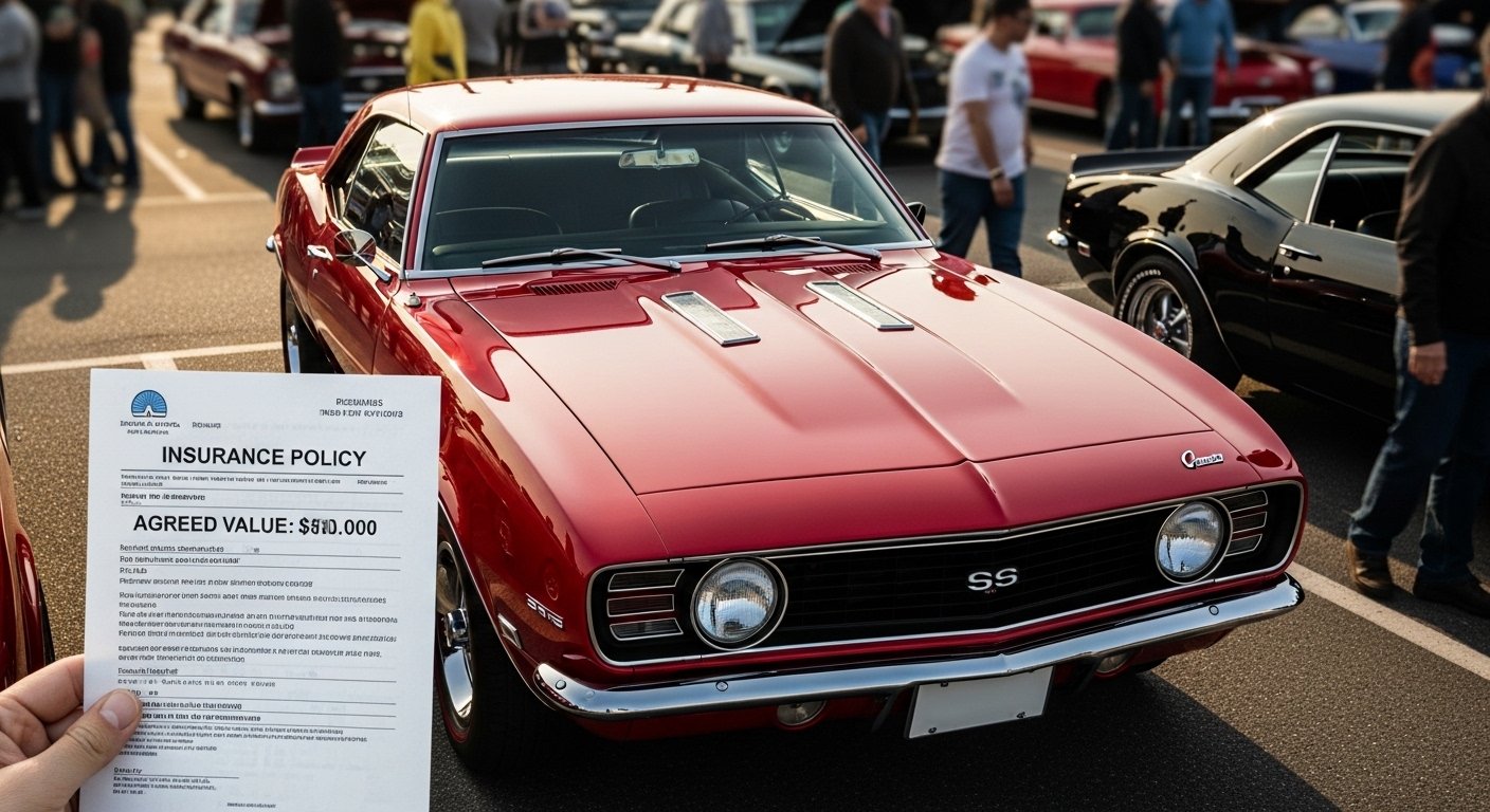 1967 Camaro at car show with insurance policy showing agreed value coverage