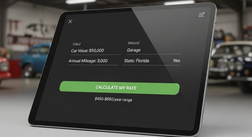 Interactive insurance calculator showing cost estimates for $50k classic car in Florida