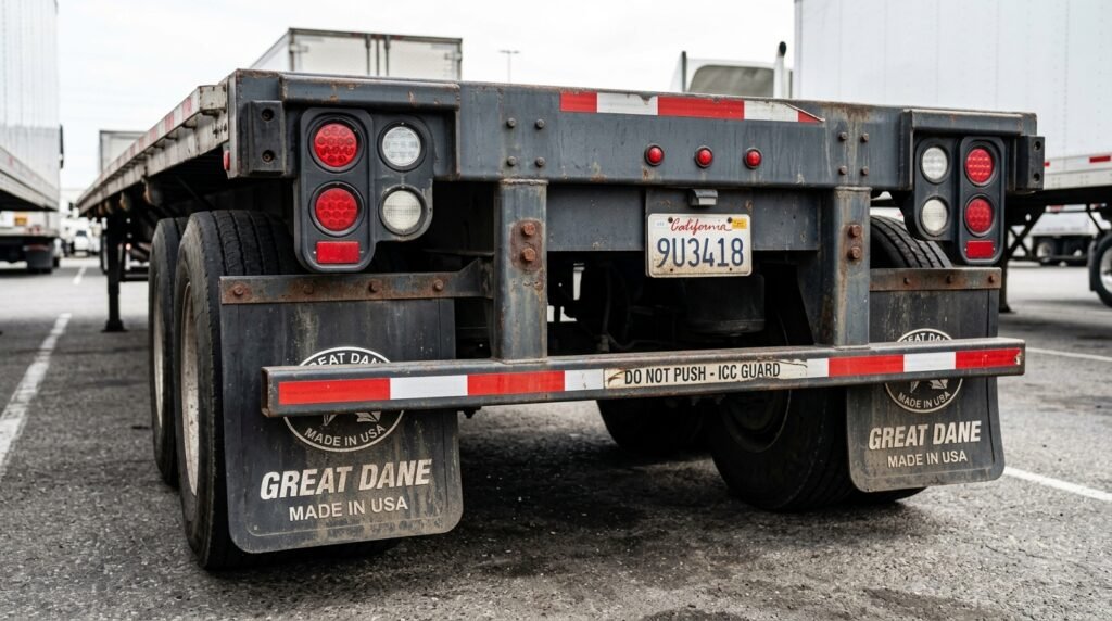 Rear trailer inspection items including lights, ICC bumper, and mud flaps