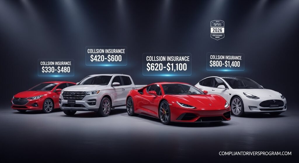 Five different vehicle types with their 2026 collision insurance annual cost ranges displayed from compact cars to electric vehicles