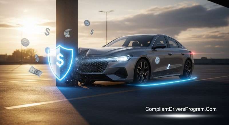 Modern car with collision damage protected by glowing insurance shield symbolizing collision coverage protection in 2026