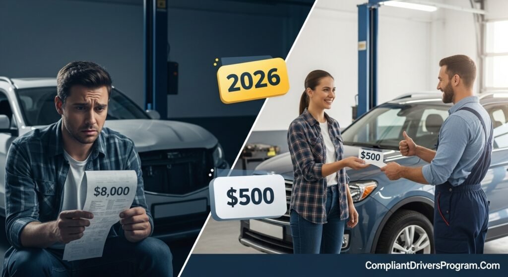 Split comparison showing driver stress without insurance versus relief with collision coverage paying only deductible in 2026