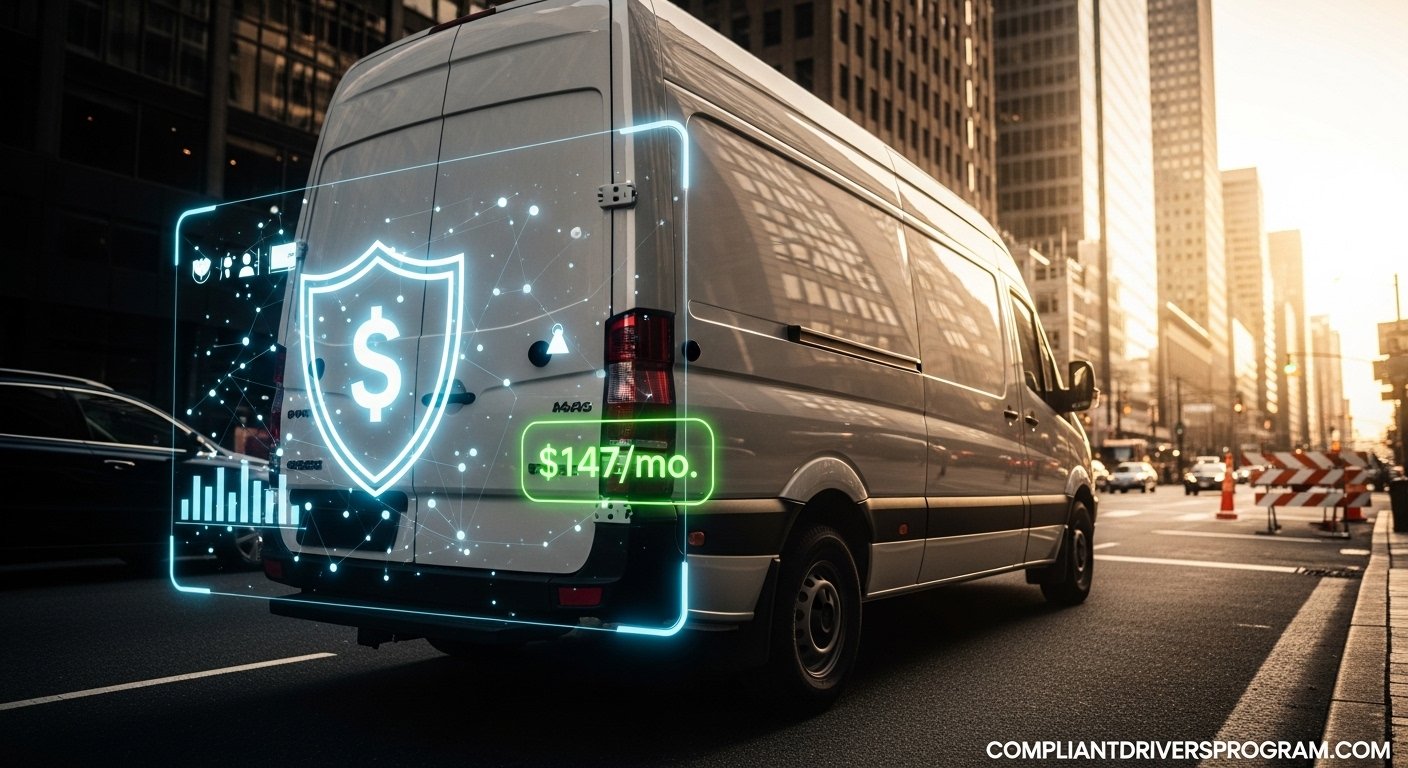 White commercial delivery van on city street with digital insurance cost overlay showing $147 per month average premium for 2026