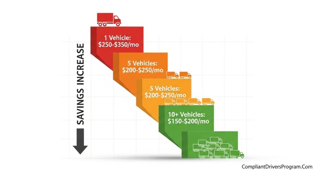 Staircase infographic showing commercial auto insurance cost per vehicle decreasing from $350 for one vehicle to $150 for fleets of ten or more