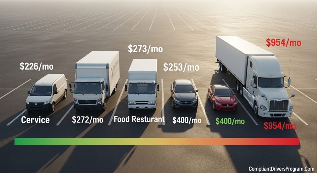 Vehicle lineup showing commercial auto insurance monthly costs by type from service vans at $226 to semi-trucks at $954 in 2026