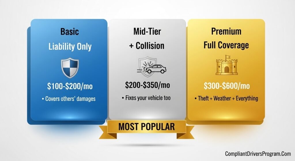 Three-tier coverage comparison showing liability only at $100 to $200 per month, collision at $200 to $350, and full coverage at $300 to $600 for commercial auto insurance