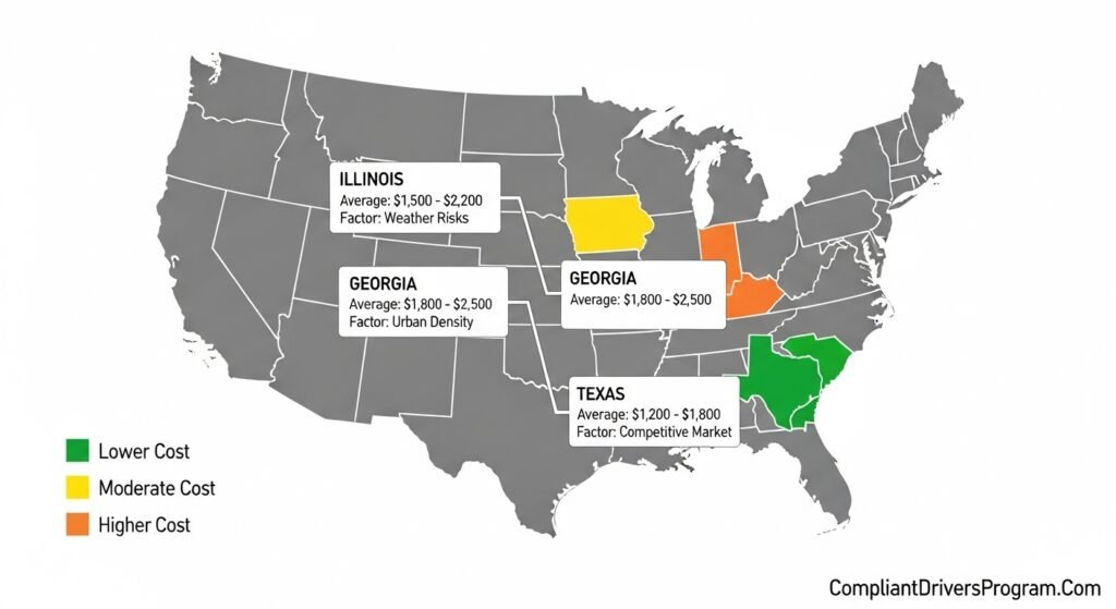 United States map showing commercial fleet insurance cost variations across Illinois, Georgia, and Texas