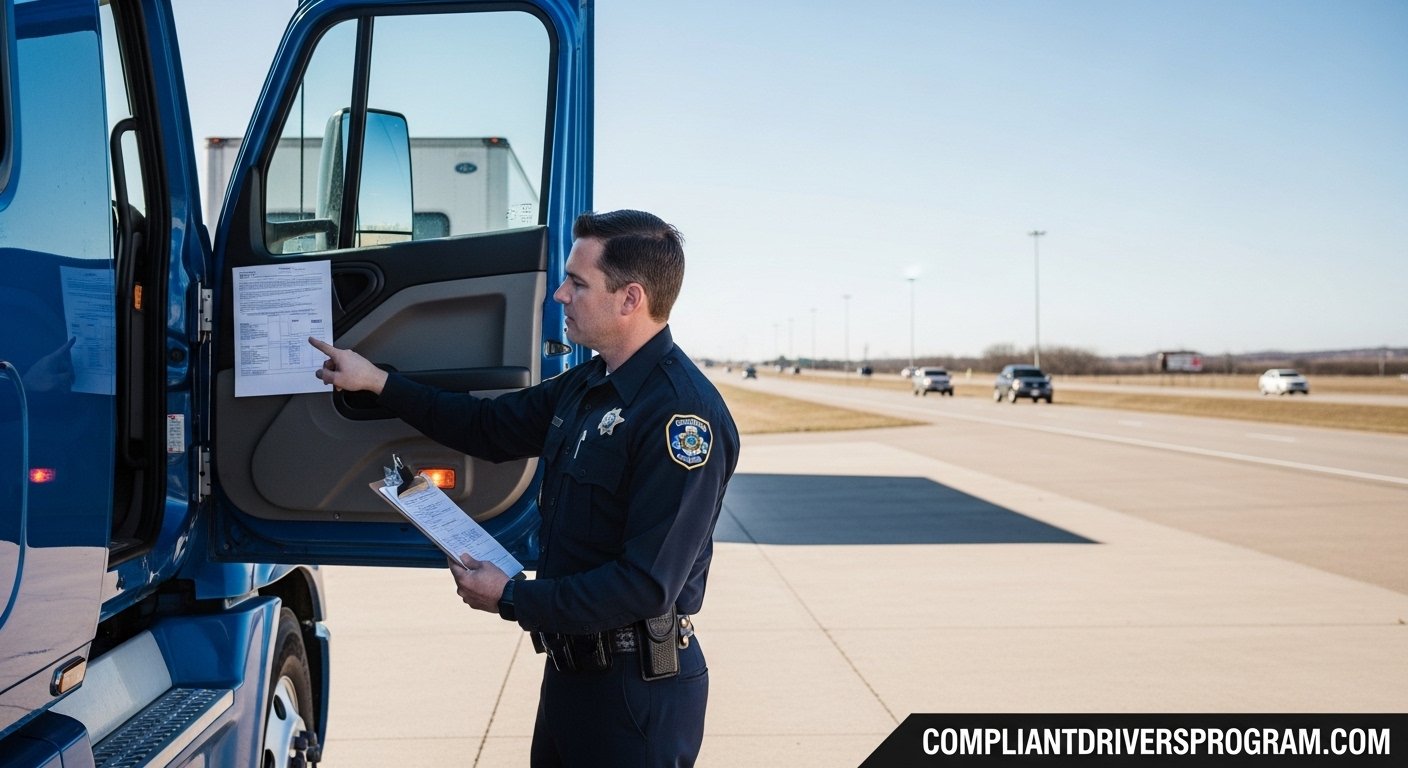 DOT officer inspecting commercial truck insurance documents at Texas checkpoint
