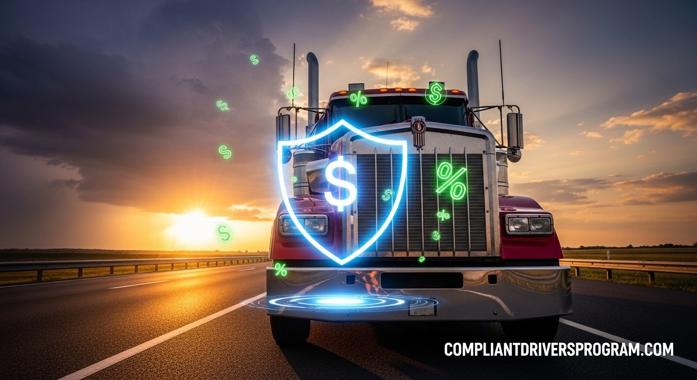 Commercial truck insurance cost 2026 showing red semi truck protected by digital insurance shield with dollar signs on American highway at sunset