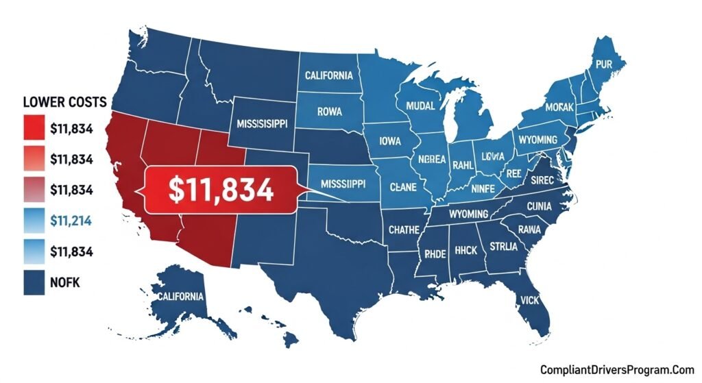 US map heat visualization showing California's $11,834 truck insurance rate versus cheaper states nationwide