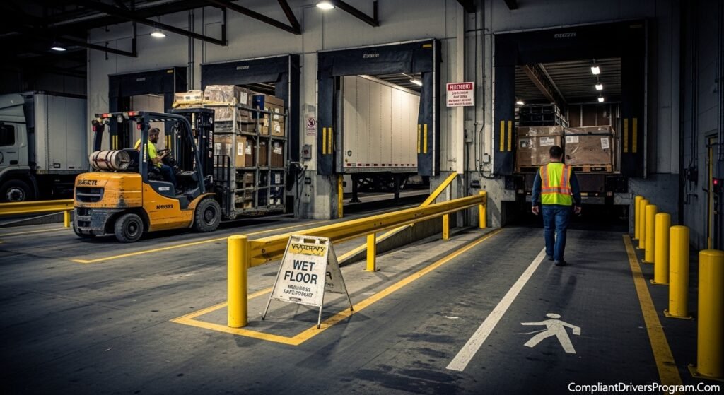 Loading dock scene showing forklift operation wet floor signs safety bollards and pedestrian lanes for OSHA workplace safety trucking compliance