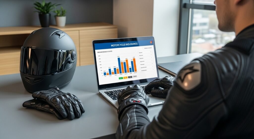 Rider looking at laptop screen comparing sport bike insurance rates.