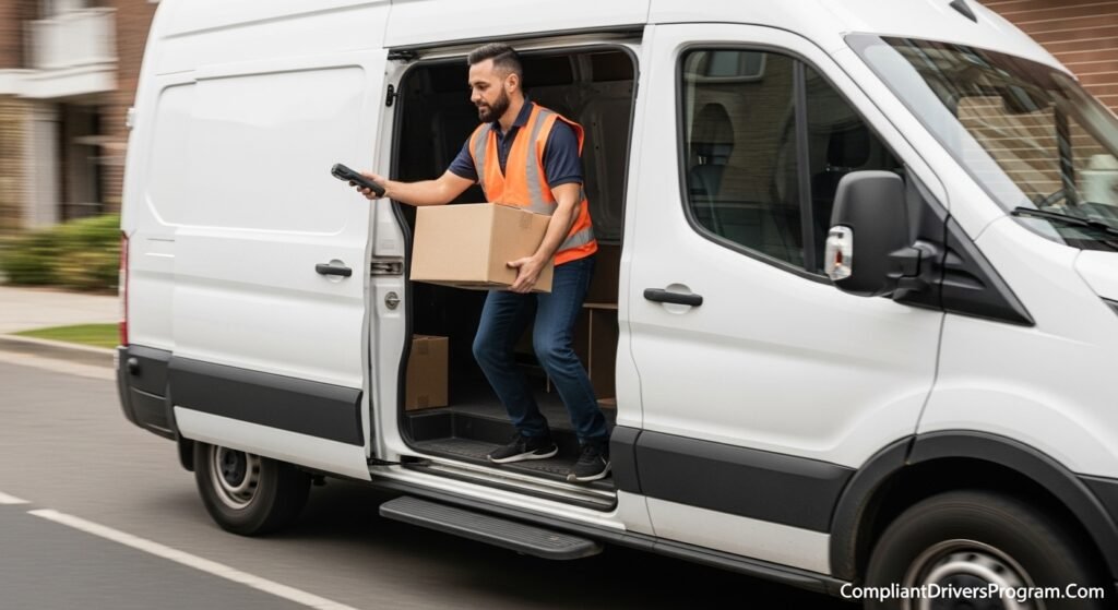 Delivery driver scanning a package next to his commercial van during a route.