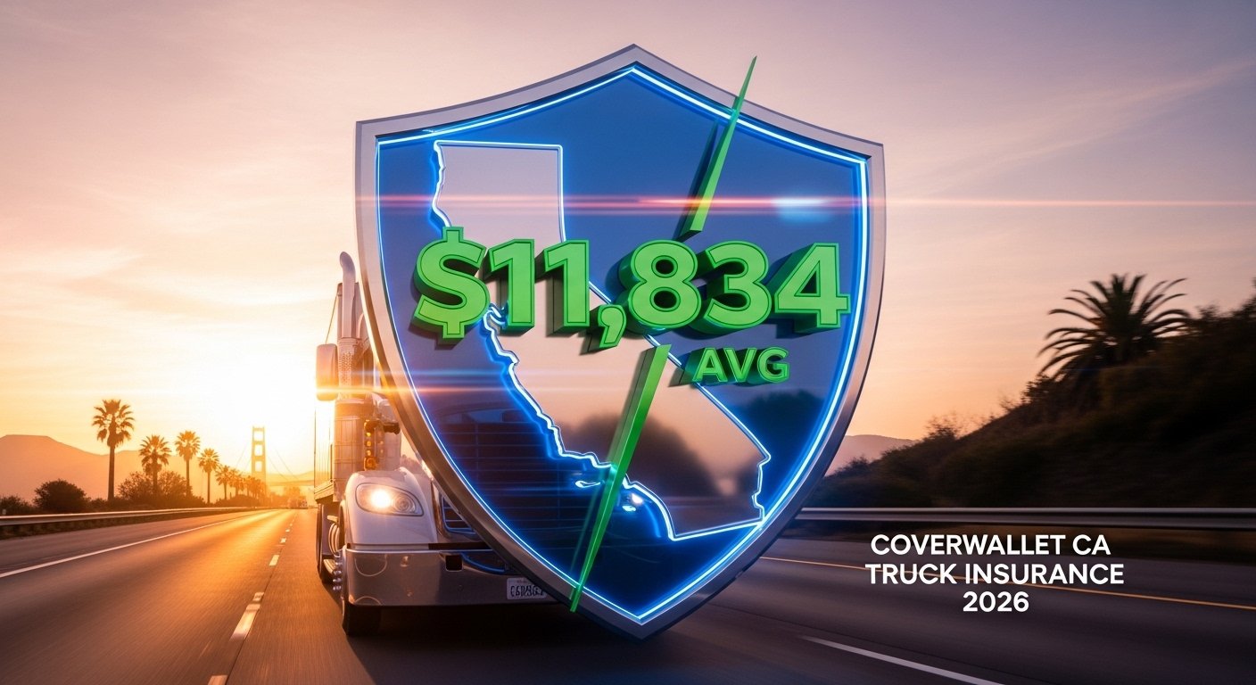 California commercial truck on I-5 highway with insurance quote displayed showing $11,834 average premium rate