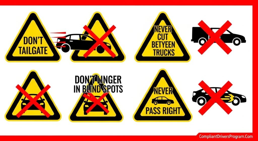 Four warning signs showing prohibited dangerous behaviors around commercial trucks