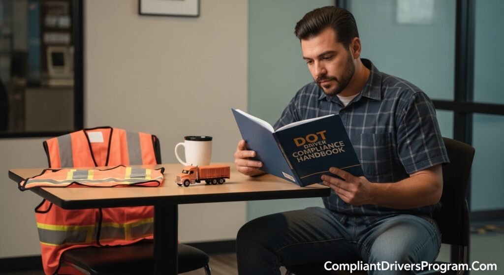 CDL driver reading DOT compliance handbook in break room