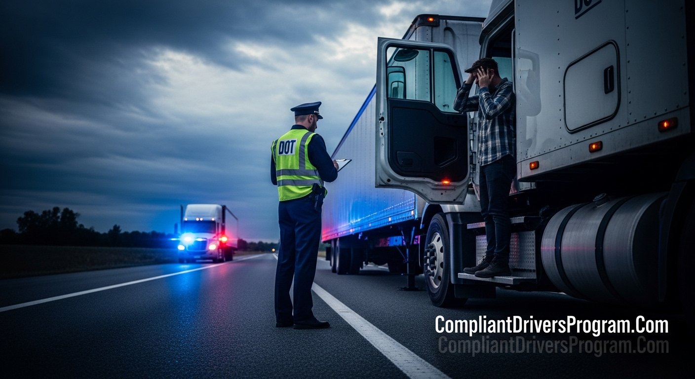 Truck driver facing DOT roadside inspection with inspector checking vehicle for out of service violations