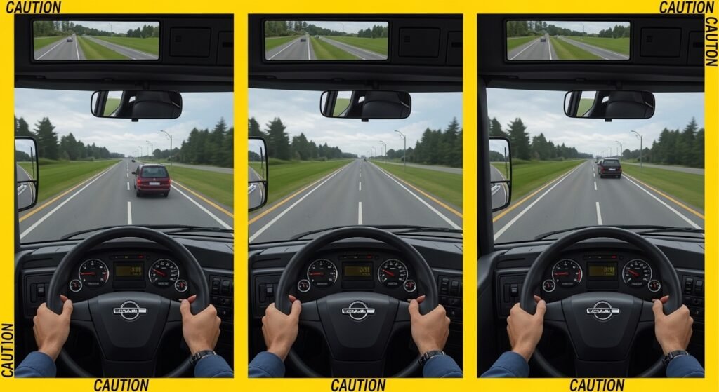 Three-step sequence showing professional truck driver using defensive driving techniques to avoid highway collision