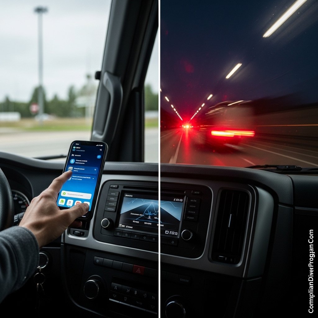 Split image showing truck driver reaching for phone while brake lights appear dangerously close