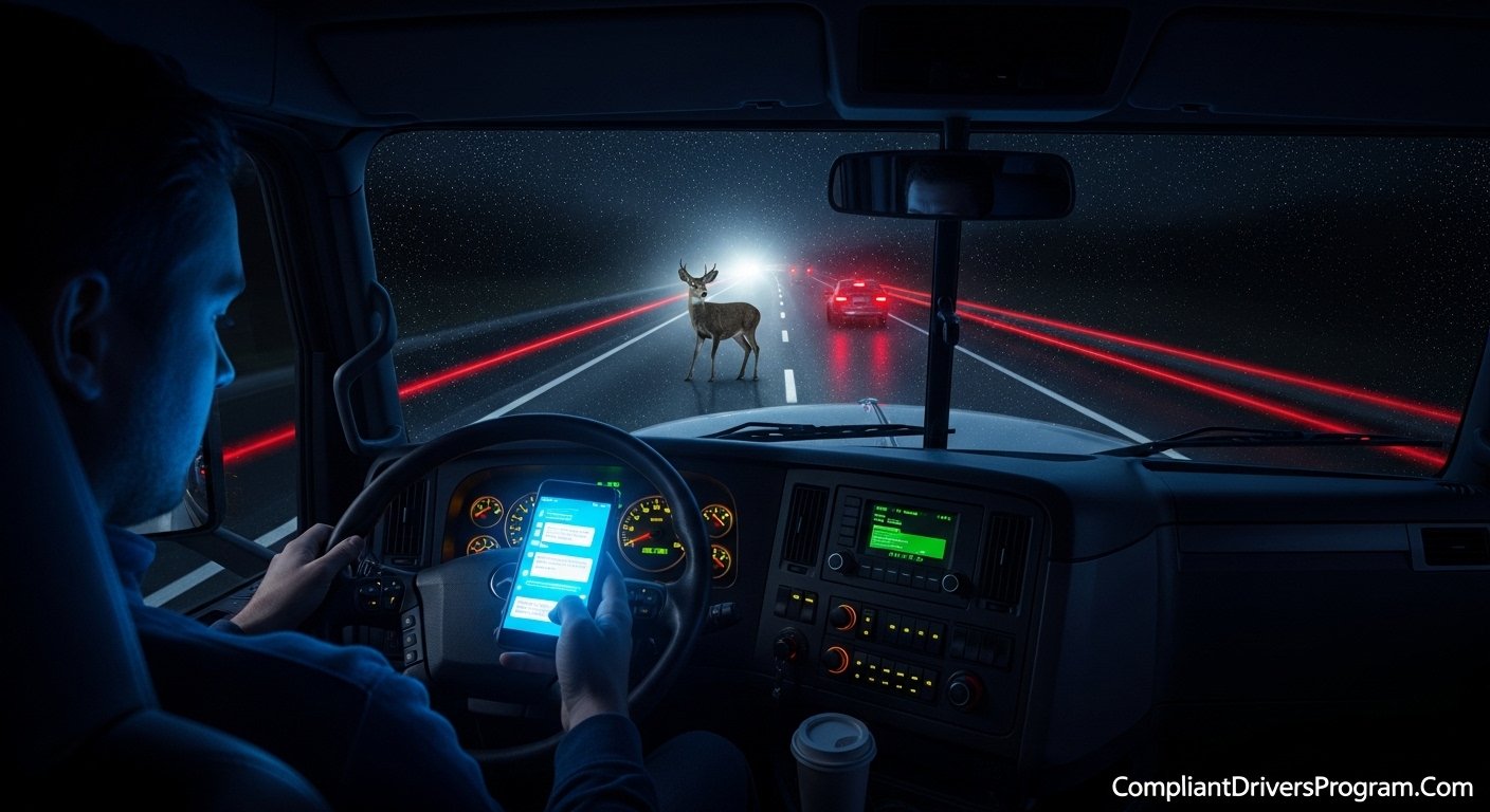 Truck driver distracted by smartphone at night with deer and stopped car visible through windshield showing deadly distracted driving trucks moment